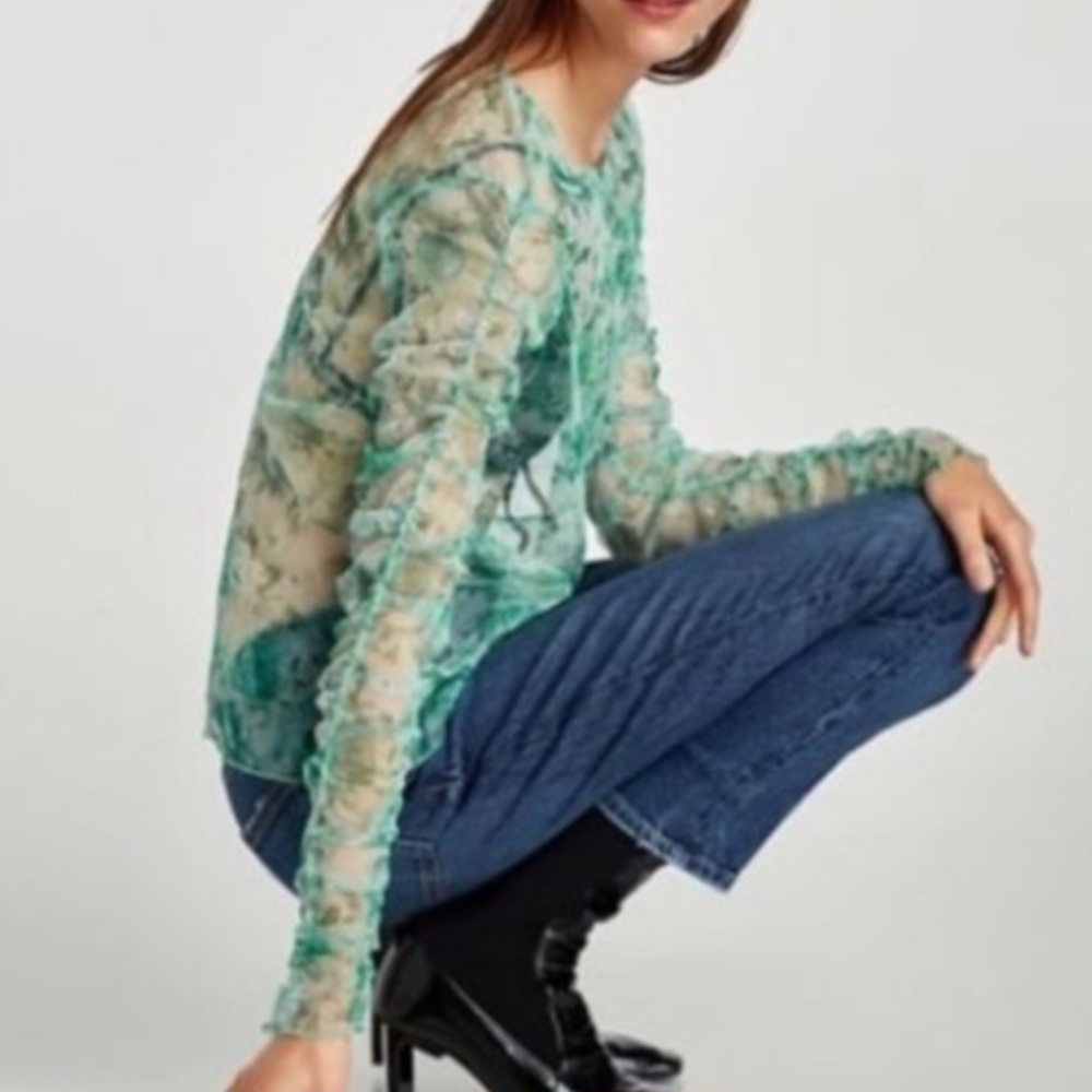 Zara Sheer Floral Ruched Long Sleeve Blouse - Picture 9 of 9